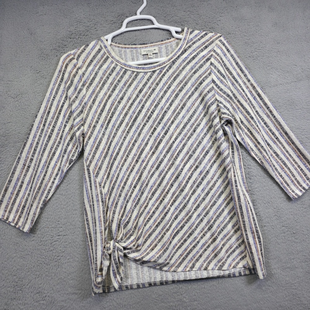 Studio B Bobeau Top Womens XL Gray Striped‎ Tie Hem Draped Open Knit Slouchy